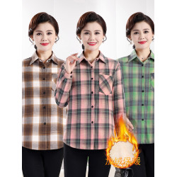 媽媽秋冬裝加絨格子襯衫時尚寬鬆中老年女裝長袖保暖襯衣加厚上衣