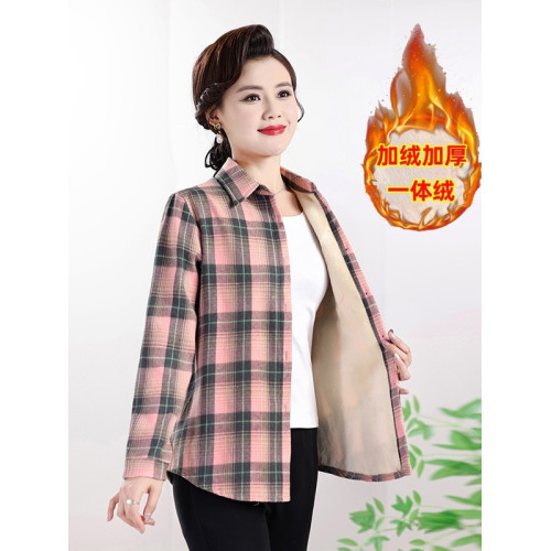 媽媽秋冬裝加絨格子襯衫時尚寬鬆中老年女裝長袖保暖襯衣加厚上衣