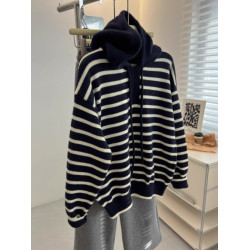 大牌剪標撤櫃撿漏藏藍色條紋連帽毛衣女秋冬寬鬆慵懶風套頭針織衫