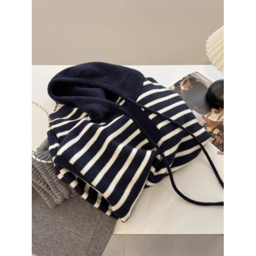 大牌剪標撤櫃撿漏藏藍色條紋連帽毛衣女秋冬寬鬆慵懶風套頭針織衫