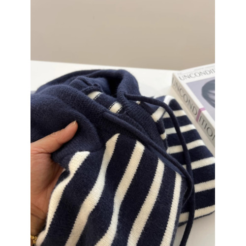 大牌剪標撤櫃撿漏藏藍色條紋連帽毛衣女秋冬寬鬆慵懶風套頭針織衫