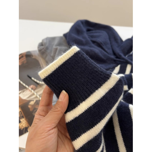 大牌剪標撤櫃撿漏藏藍色條紋連帽毛衣女秋冬寬鬆慵懶風套頭針織衫