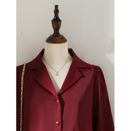 法式安可拉紅西裝領襯衫女2025春秋款緞面垂感襯衣設計感長袖上衣