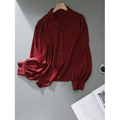 法式安可拉紅西裝領襯衫女2025春秋款緞面垂感襯衣設計感長袖上衣