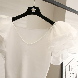 法式氣質v領泡泡袖短款針織上衣女2025夏季新款設計感小衆短袖t恤