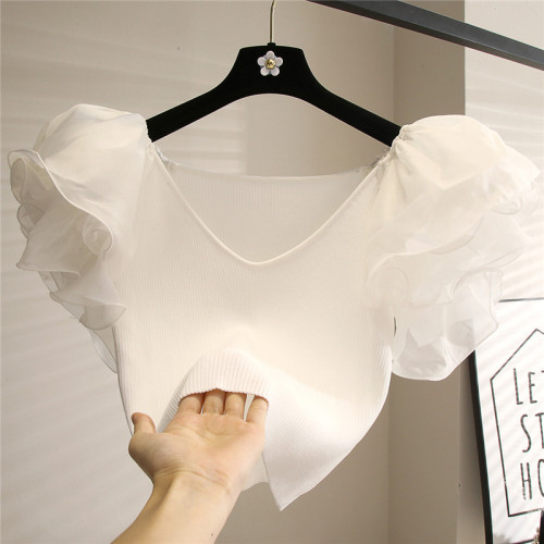 法式氣質v領泡泡袖短款針織上衣女2025夏季新款設計感小衆短袖t恤