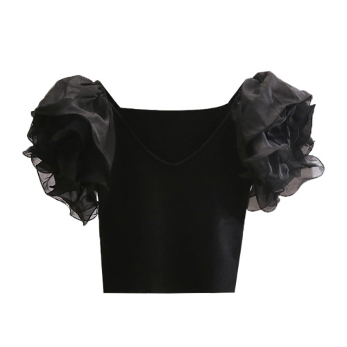 法式氣質v領泡泡袖短款針織上衣女2025夏季新款設計感小衆短袖t恤