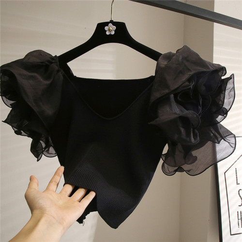 法式氣質v領泡泡袖短款針織上衣女2025夏季新款設計感小衆短袖t恤