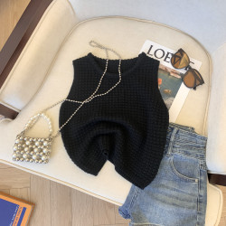 專櫃撤廻剪標華夫格圓領針織背心女夏季新款高級感別致無袖短上衣