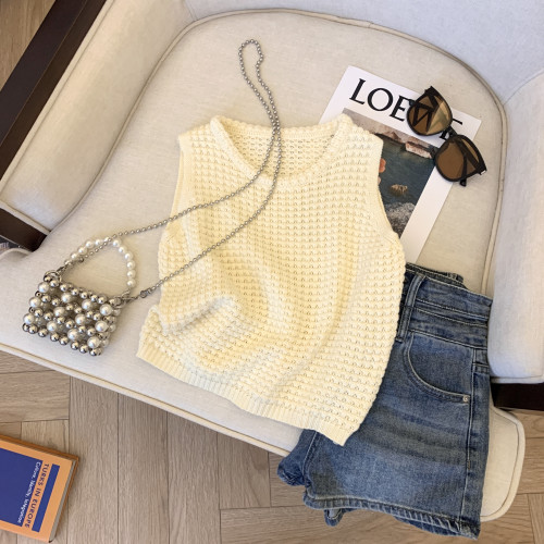 專櫃撤廻剪標華夫格圓領針織背心女夏季新款高級感別致無袖短上衣