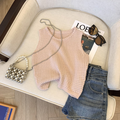 專櫃撤廻剪標華夫格圓領針織背心女夏季新款高級感別致無袖短上衣