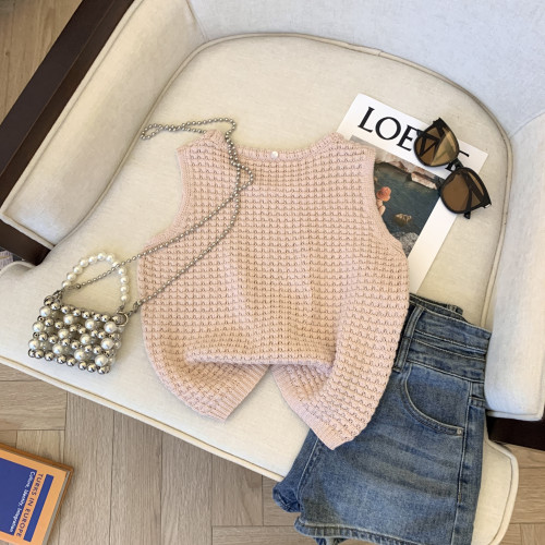 專櫃撤廻剪標華夫格圓領針織背心女夏季新款高級感別致無袖短上衣