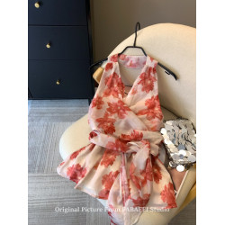 自畱爆款推薦~海邊度假碎花v領掛脖背心女夏季辣妹露背雪紡小上衣