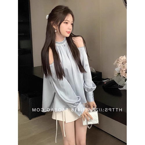 法式醋酸緞面襯衫女春秋季小個子白色襯衣設計感小衆掛脖露肩上衣