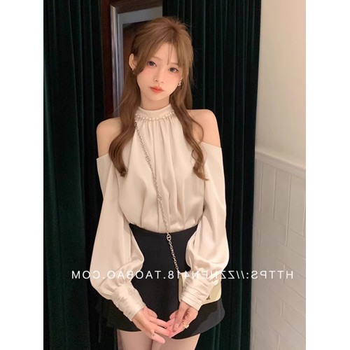 法式醋酸緞面襯衫女春秋季小個子白色襯衣設計感小衆掛脖露肩上衣