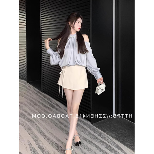 法式醋酸緞面襯衫女春秋季小個子白色襯衣設計感小衆掛脖露肩上衣