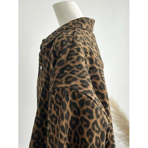 美拉德風豹紋牛仔襯衫女秋冬季新款中長款寬鬆加絨保暖厚外套上衣