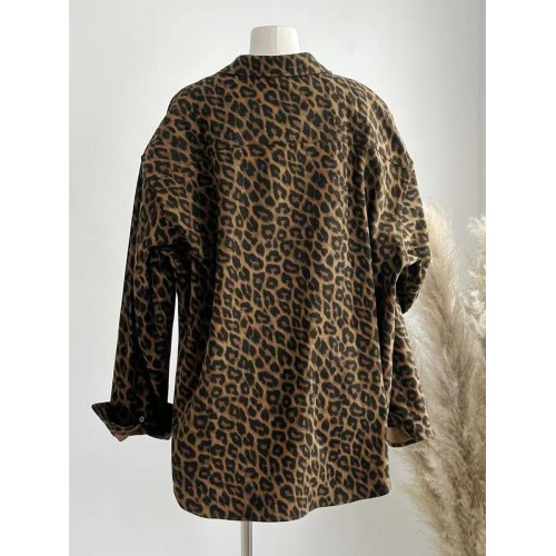 美拉德風豹紋牛仔襯衫女秋冬季新款中長款寬鬆加絨保暖厚外套上衣