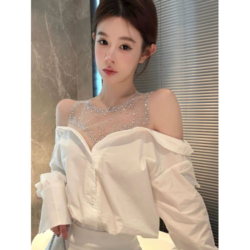 法式秋季氣質網紗拼接長袖露肩性感襯衫兩件高級設計上衣肩上襯衣