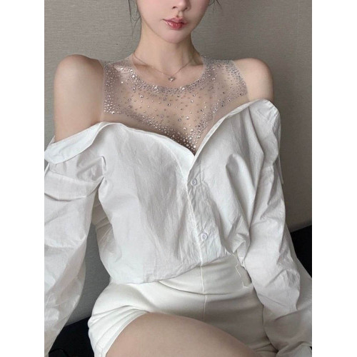 法式秋季氣質網紗拼接長袖露肩性感襯衫兩件高級設計上衣肩上襯衣