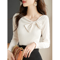 法式蝴蝶結針織打底衫女秋裝新款修身顯瘦內搭氣質百搭長袖上衣女