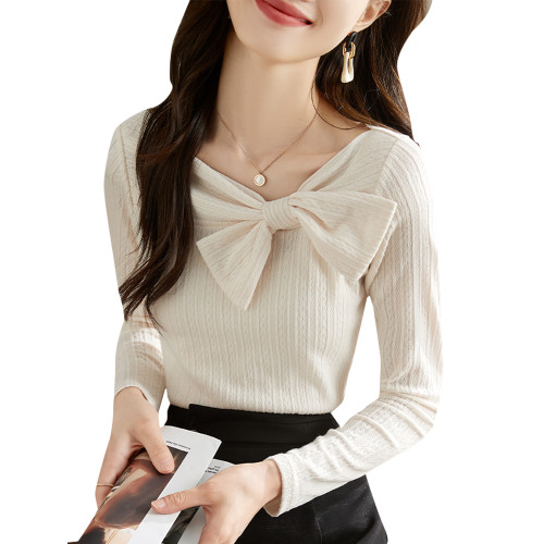法式蝴蝶結針織打底衫女秋裝新款修身顯瘦內搭氣質百搭長袖上衣女