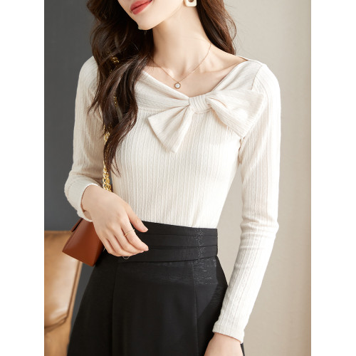 法式蝴蝶結針織打底衫女秋裝新款修身顯瘦內搭氣質百搭長袖上衣女