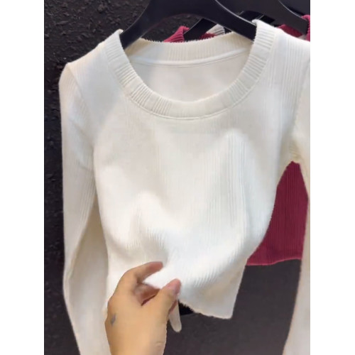 2026秋季新品白色加絨長袖打底衫女圓領高級感辣妹短款氣質上衣