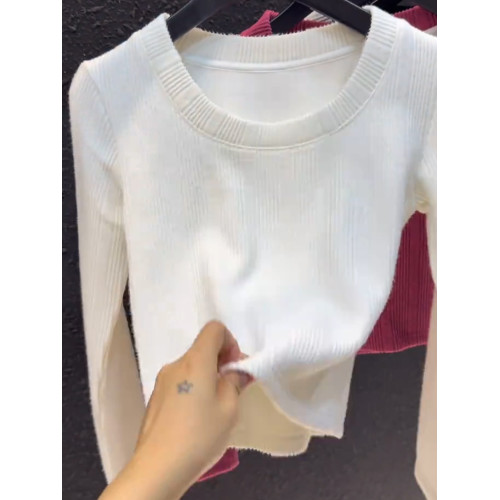 2026秋季新品白色加絨長袖打底衫女圓領高級感辣妹短款氣質上衣