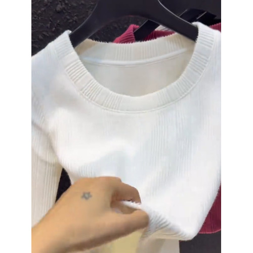 2026秋季新品白色加絨長袖打底衫女圓領高級感辣妹短款氣質上衣