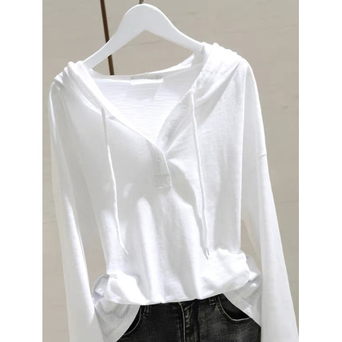 廣州十三行高貨~白色連帽長袖T恤女竹節純棉打底衫寬鬆衛衣帽衫