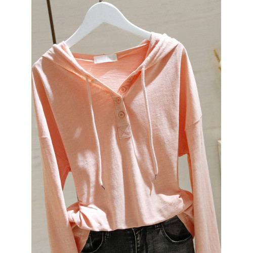 廣州十三行高貨~白色連帽長袖T恤女竹節純棉打底衫寬鬆衛衣帽衫