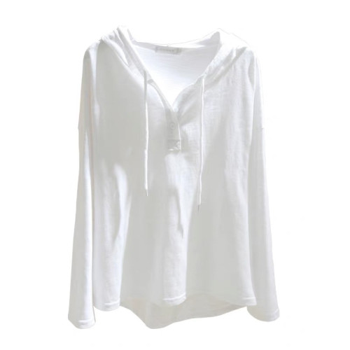 廣州十三行高貨~白色連帽長袖T恤女竹節純棉打底衫寬鬆衛衣帽衫