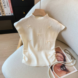 專櫃撤廻剪甜美蝴蝶結飛飛袖針織衫女夏季新款別致修身短款上衣