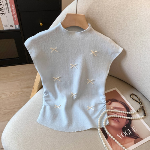 專櫃撤廻剪甜美蝴蝶結飛飛袖針織衫女夏季新款別致修身短款上衣