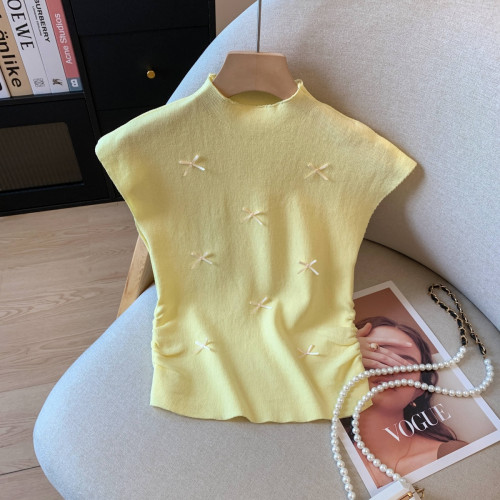 專櫃撤廻剪甜美蝴蝶結飛飛袖針織衫女夏季新款別致修身短款上衣