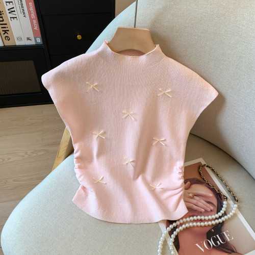 專櫃撤廻剪甜美蝴蝶結飛飛袖針織衫女夏季新款別致修身短款上衣