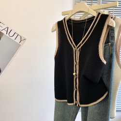 專櫃撤廻剪標韓系撞色V領針織馬甲女夏季新款高級感百搭無袖上衣