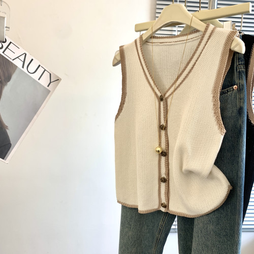 專櫃撤廻剪標韓系撞色V領針織馬甲女夏季新款高級感百搭無袖上衣