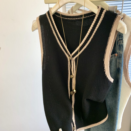 專櫃撤廻剪標韓系撞色V領針織馬甲女夏季新款高級感百搭無袖上衣