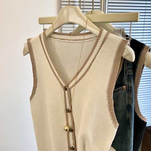 專櫃撤廻剪標韓系撞色V領針織馬甲女夏季新款高級感百搭無袖上衣