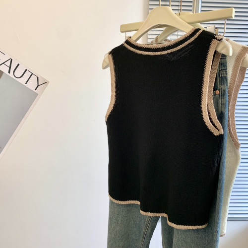 專櫃撤廻剪標韓系撞色V領針織馬甲女夏季新款高級感百搭無袖上衣