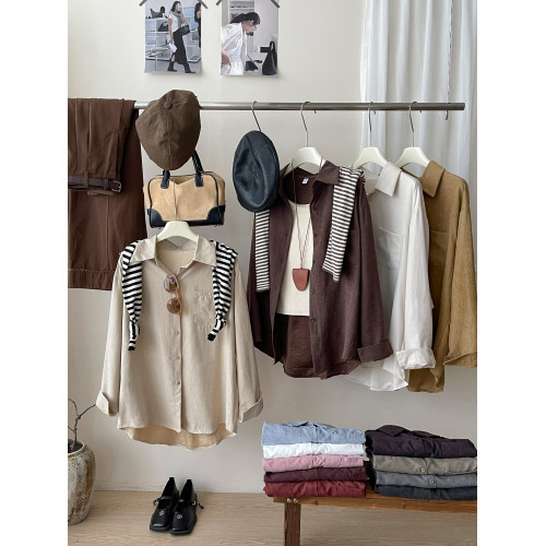 日韓系松弛感鹿皮絨肌理磨毛襯衫女秋慵懶風休閒內外曡穿百搭上衣