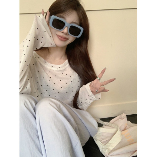 韓版簡約波點防曬罩衫薄款長袖T恤女夏季新款洋氣寬鬆休閒上衣潮