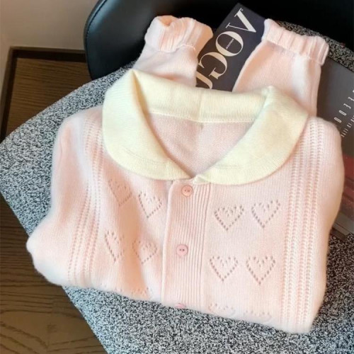 專櫃撤廻剪標韓系粉色娃娃領針織開衫女秋冬新款甜美鉤花軟糯毛衣