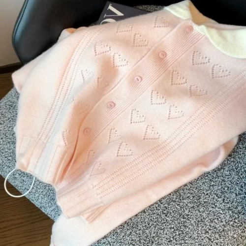 專櫃撤廻剪標韓系粉色娃娃領針織開衫女秋冬新款甜美鉤花軟糯毛衣