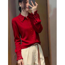 法式氣質輕奢風長袖紅色上衣女2026冬季新款顯瘦單排釦打底衫