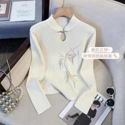 撿漏新中式國風竹子刺綉長袖T恤女秋冬季氣質立領盤釦短款針織衫