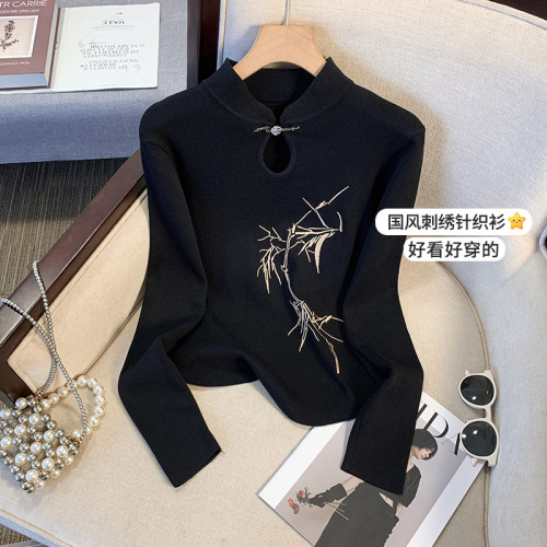 撿漏新中式國風竹子刺綉長袖T恤女秋冬季氣質立領盤釦短款針織衫