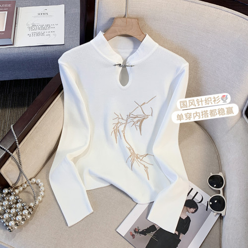 撿漏新中式國風竹子刺綉長袖T恤女秋冬季氣質立領盤釦短款針織衫